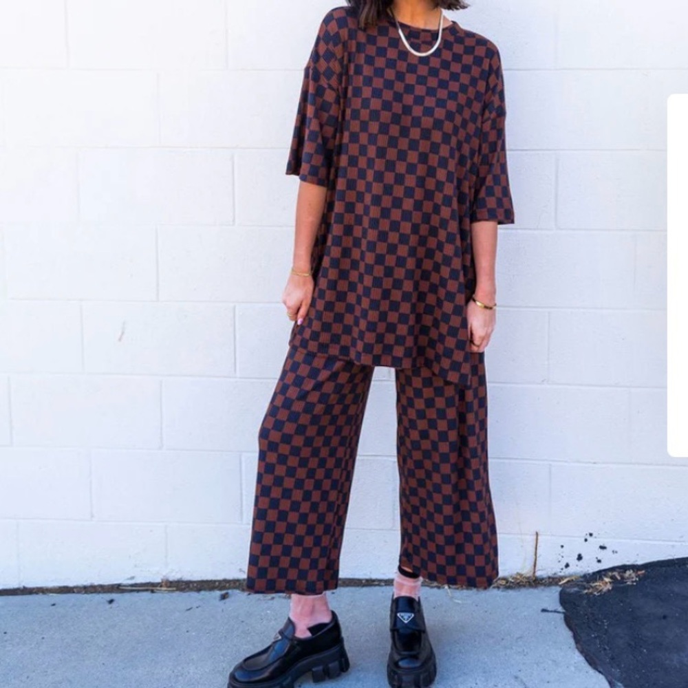 Checkered Brown and Black Women's Pants & Top Set